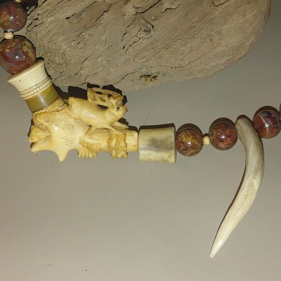 Antique Agate Bead Necklace Carved Antler Pendant Deer Elk Artisan Craft Rustic - Picture 10 of 16